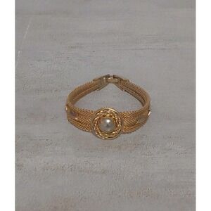 7" Vintage Mesh Chain Link Bracelet Floral Gold Tone Retro